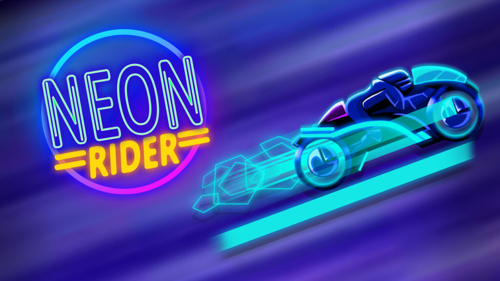 "Screenshot of Neon Rider game showing a motorcycle racing through a neon-lit track with a rider performing stunts."